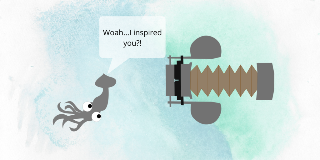 Cartoon of a squid asking the squid inspired robot "Woah, I inspired you?"