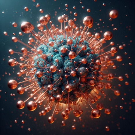 Artistic illustration of copper deactivating a virus particle.